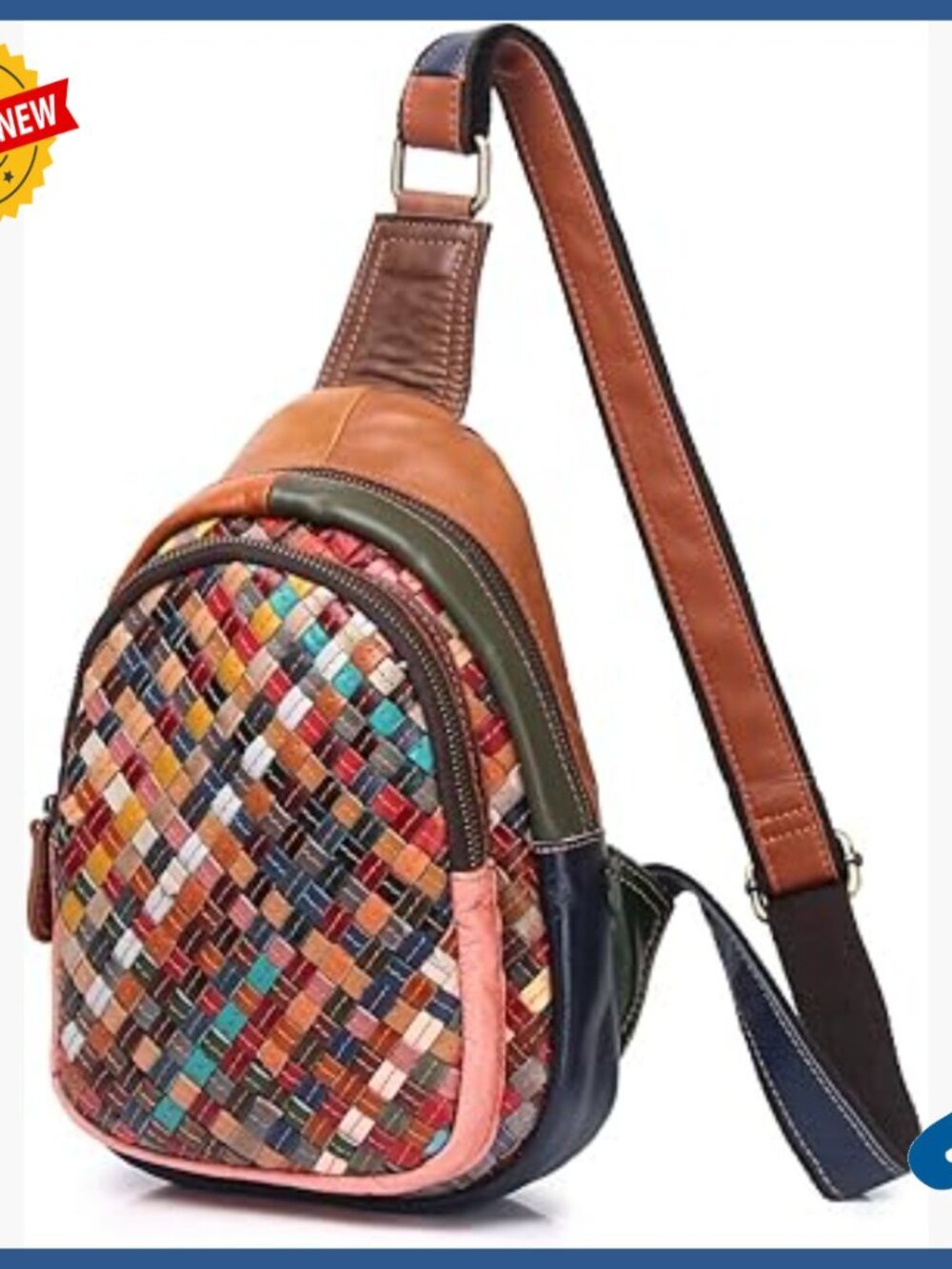 Small Leather Sling Bag Crossbody Bohemian Woven Pattern Adjustable Strap